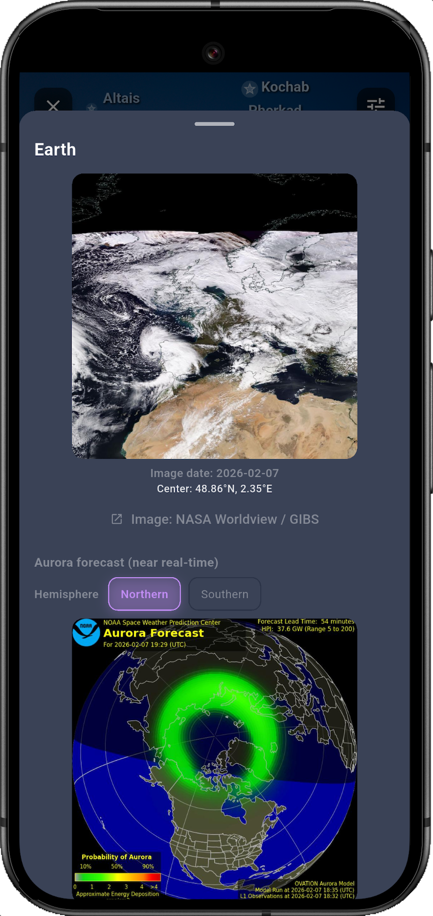 Earth panel with aurora forecast in AR